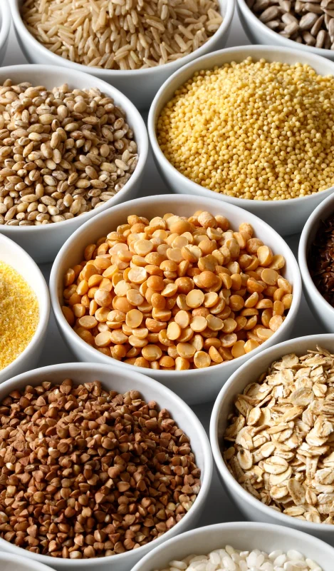 A collection of specialty grains in white bowls